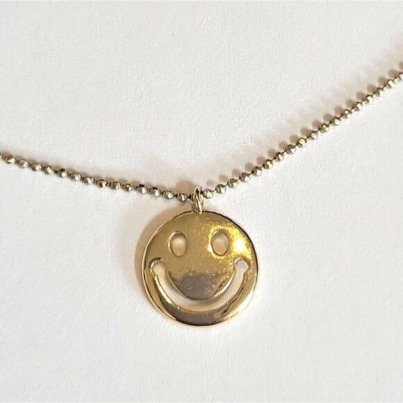 LA Rocks Happy Smiley Face Emoji Necklace Yellow gold tone ball link Chain - Picture 1 of 7